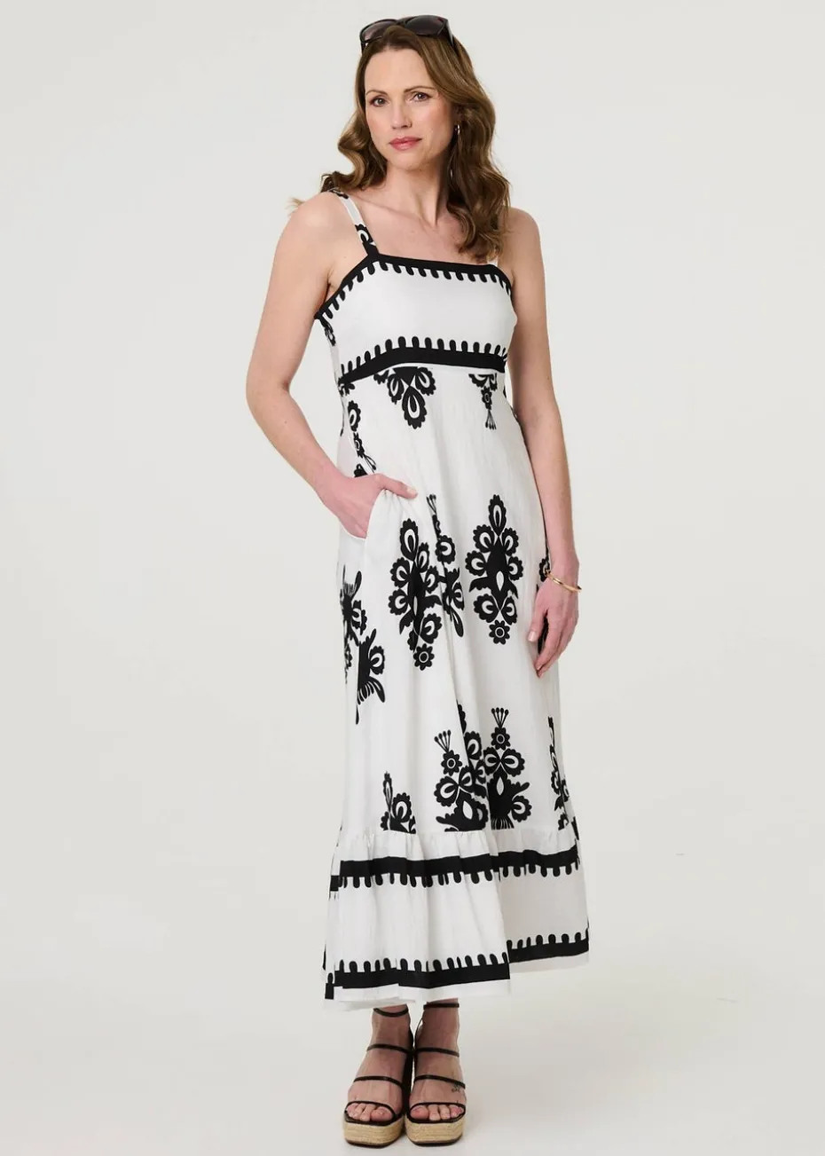 Izabel London White Ikat Print Sleeveless A-Line Maxi Dress