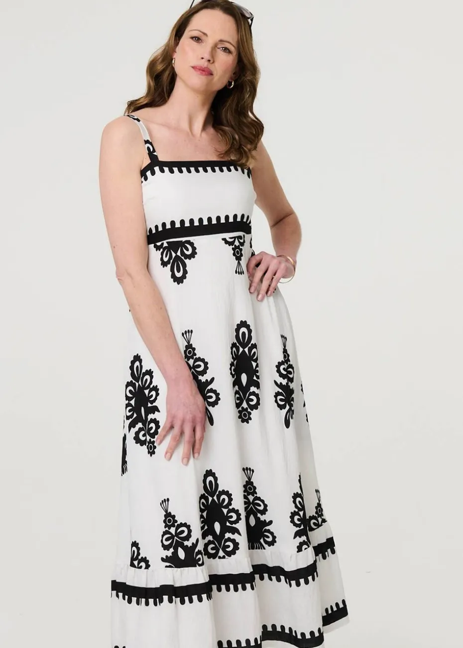 Izabel London White Ikat Print Sleeveless A-Line Maxi Dress