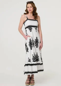 Izabel London White Ikat Print Sleeveless A-Line Maxi Dress