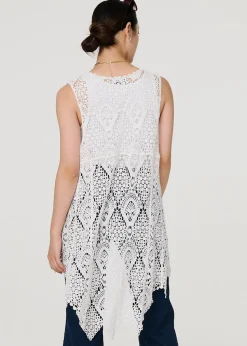 Izabel London White Lace Open Front High Low Cardigan