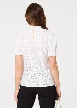 Izabel London White Lace Texture Frilled Short Sleeve Blouse