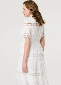 Izabel London White Lace Cut Out Detail Tie Waist Midi Dress