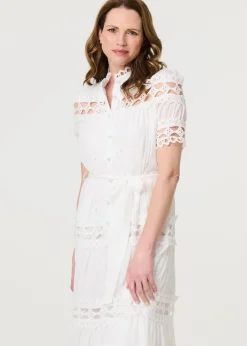 Izabel London White Lace Cut Out Detail Tie Waist Midi Dress