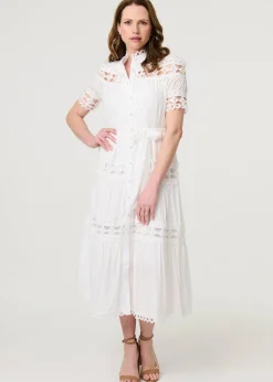 Izabel London White Lace Cut Out Detail Tie Waist Midi Dress