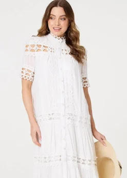 Izabel London White Lace Cut Out Detail Tie Waist Midi Dress