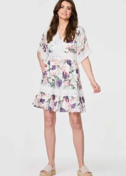 Izabel London White Leaf Print Lace Trim Short Dress