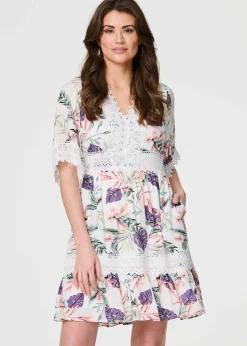 Izabel London White Leaf Print Lace Trim Short Dress