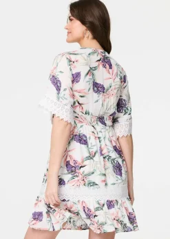 Izabel London White Leaf Print Lace Trim Short Dress