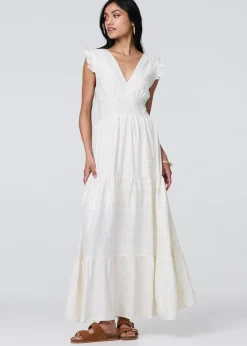 Izabel London White Metallic Detail Frill Cap Sleeve Maxi Dress