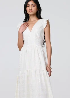 Izabel London White Metallic Detail Frill Cap Sleeve Maxi Dress