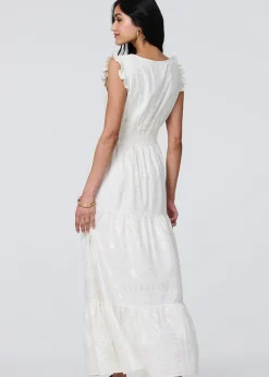 Izabel London White Metallic Detail Frill Cap Sleeve Maxi Dress