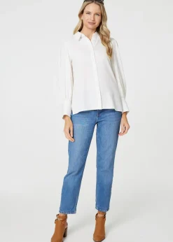 Izabel London White Plain Puff Sleeve Button-Up Shirt