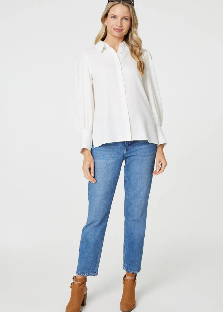 Izabel London White Plain Puff Sleeve Button-Up Shirt