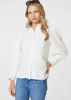 Izabel London White Plain Puff Sleeve Button-Up Shirt