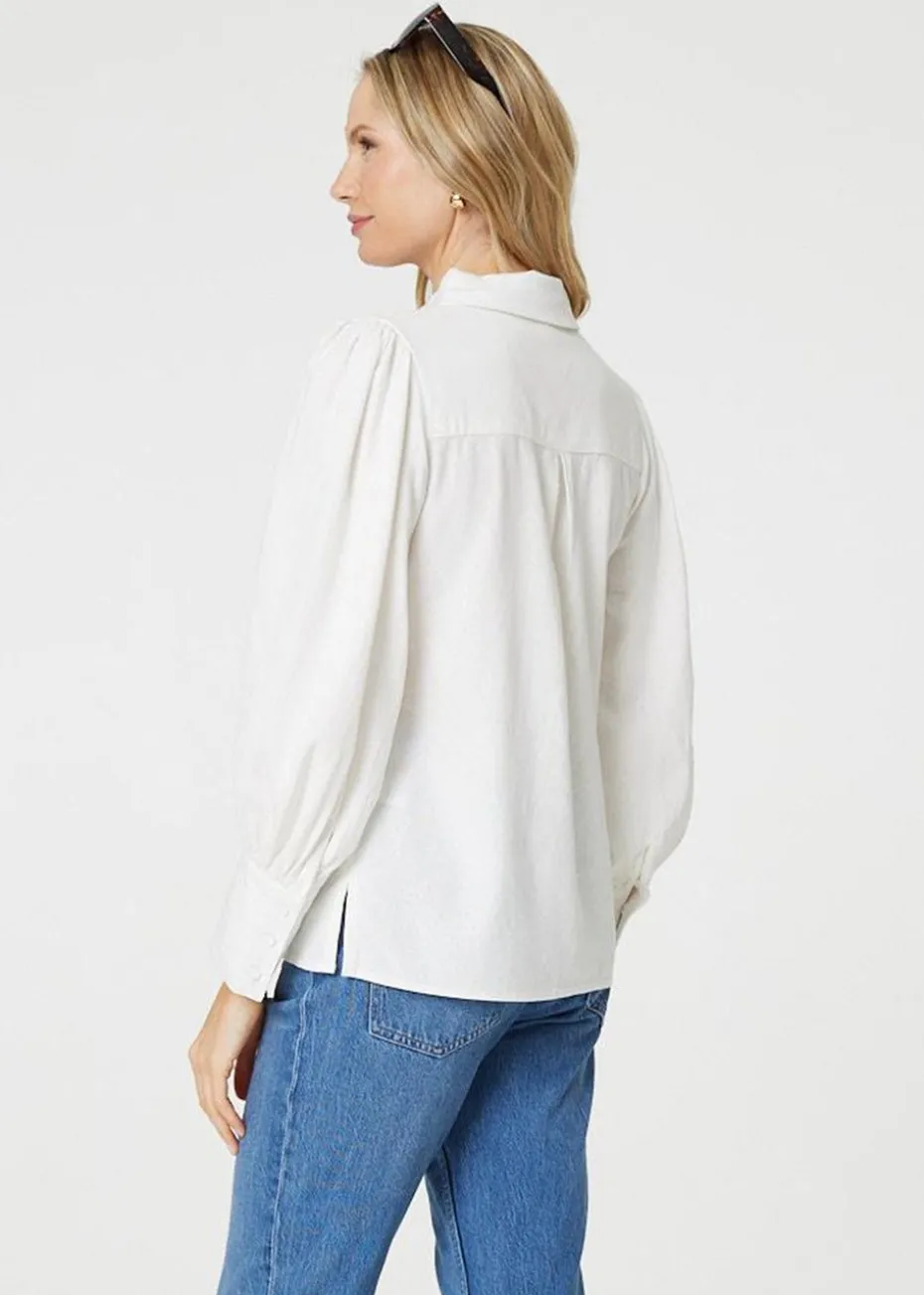 Izabel London White Plain Puff Sleeve Button-Up Shirt