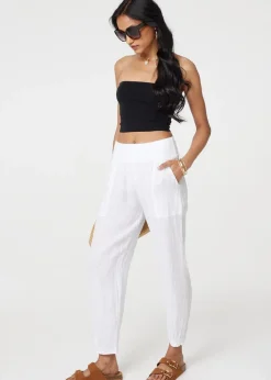 Izabel London White Relaxed Linen Blend Tapered Trousers