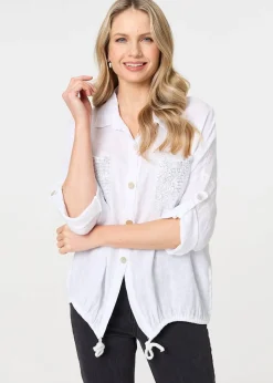 Izabel London White Sequin Detail 3/4 Turn-Up Sleeve Shirt