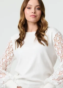 Izabel London White Sheer Lace Sleeve Knitted Jumper