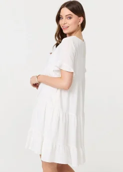 Izabel London White Short Sleeve Frilled Short Smock Dress
