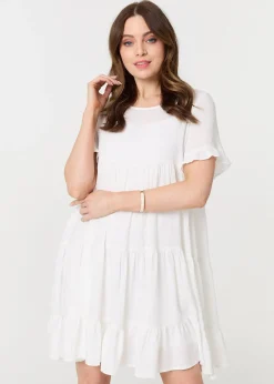 Izabel London White Short Sleeve Frilled Short Smock Dress