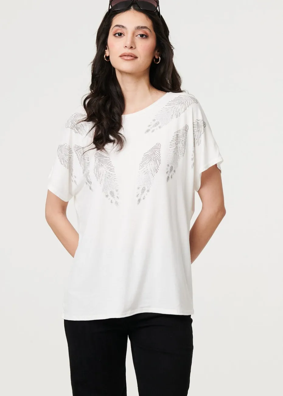 Izabel London White Sparkly Feather Print Relaxed T-Shirt