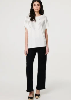 Izabel London White Sparkly Feather Print Relaxed T-Shirt