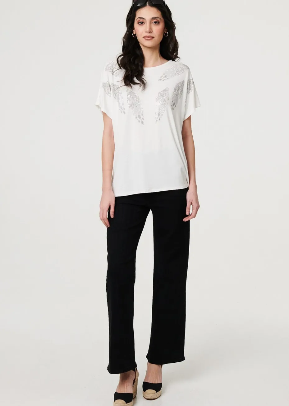 Izabel London White Sparkly Feather Print Relaxed T-Shirt