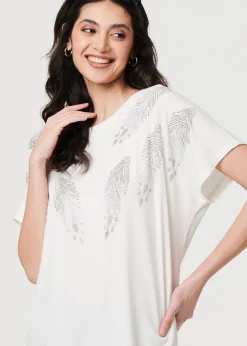Izabel London White Sparkly Feather Print Relaxed T-Shirt