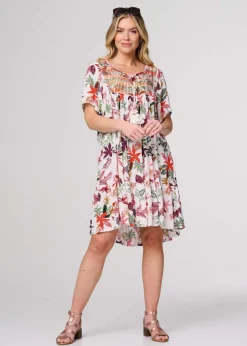 Izabel London White Tropical Print Tie Neck Knee Length Dress