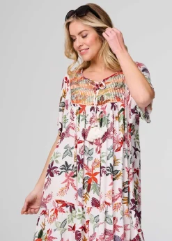 Izabel London White Tropical Print Tie Neck Knee Length Dress