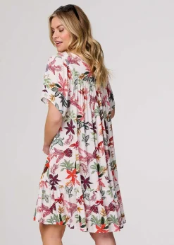 Izabel London White Tropical Print Tie Neck Knee Length Dress