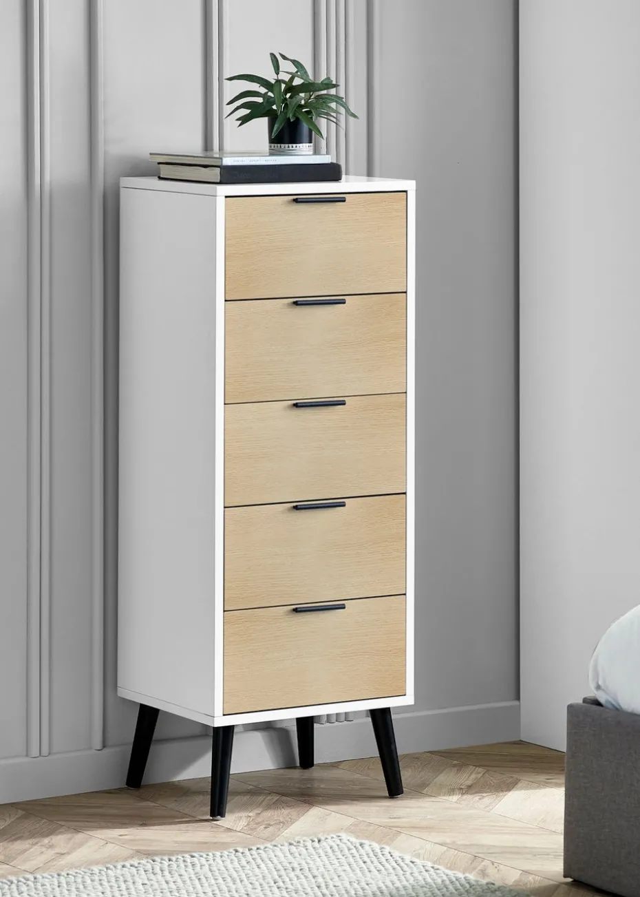 Julian Bowen Alba 5 Drawer Narrow Chest in White and Oak (120.5 x 45 x 40cm)