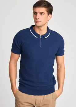 Kensington Eastside Dark Blue Cotton Short Sleeve Zip Neck Polo Shirt