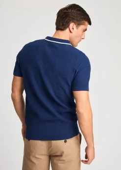 Kensington Eastside Dark Blue Cotton Short Sleeve Zip Neck Polo Shirt