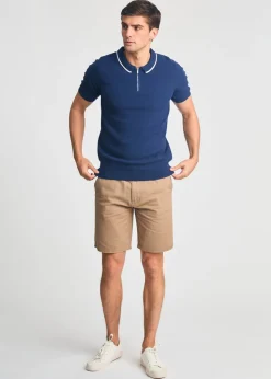 Kensington Eastside Dark Blue Cotton Short Sleeve Zip Neck Polo Shirt