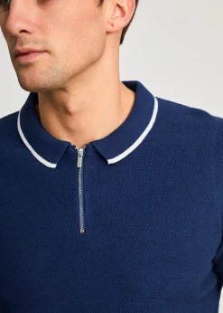 Kensington Eastside Dark Blue Cotton Short Sleeve Zip Neck Polo Shirt