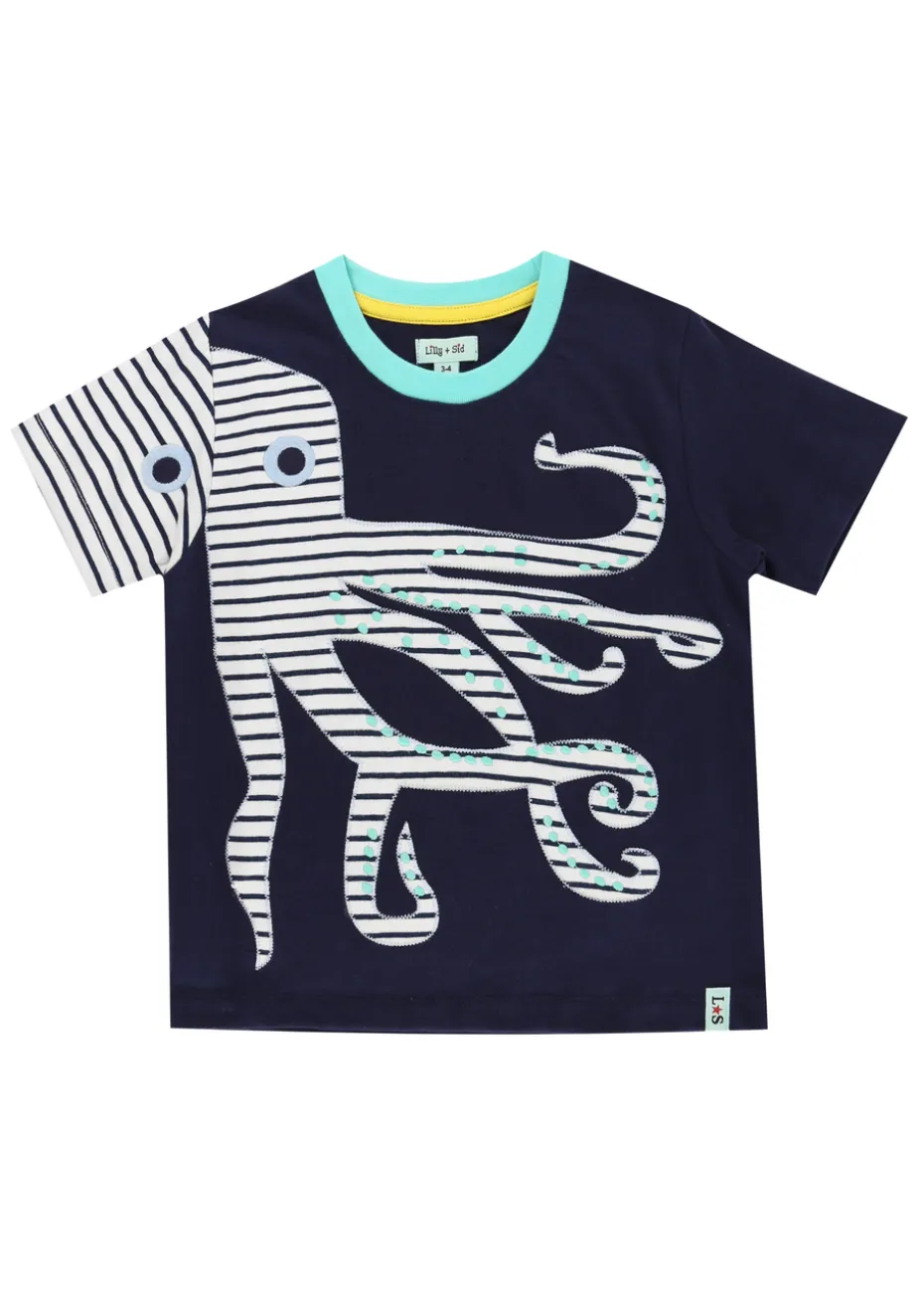 Lilly & Sid Navy Octopus Applique T Shirt (0-7 Years)