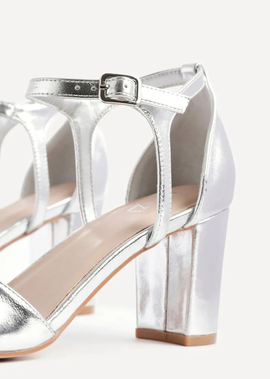 Linzi Abby Silver Faux Leather Closed Back Block Heel Sandal