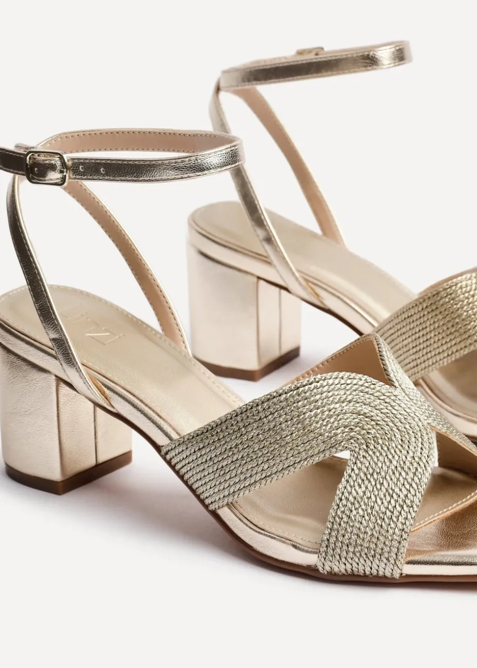 Linzi Alessia Gold Woven Loop Design Block Heeled Sandals