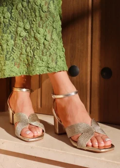 Linzi Alessia Gold Woven Loop Design Block Heeled Sandals