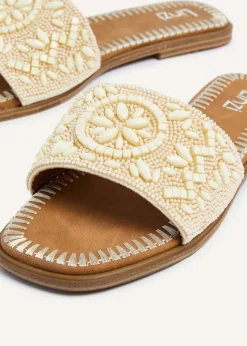Linzi Aloha Beige Beaded Flat Slider Sandal