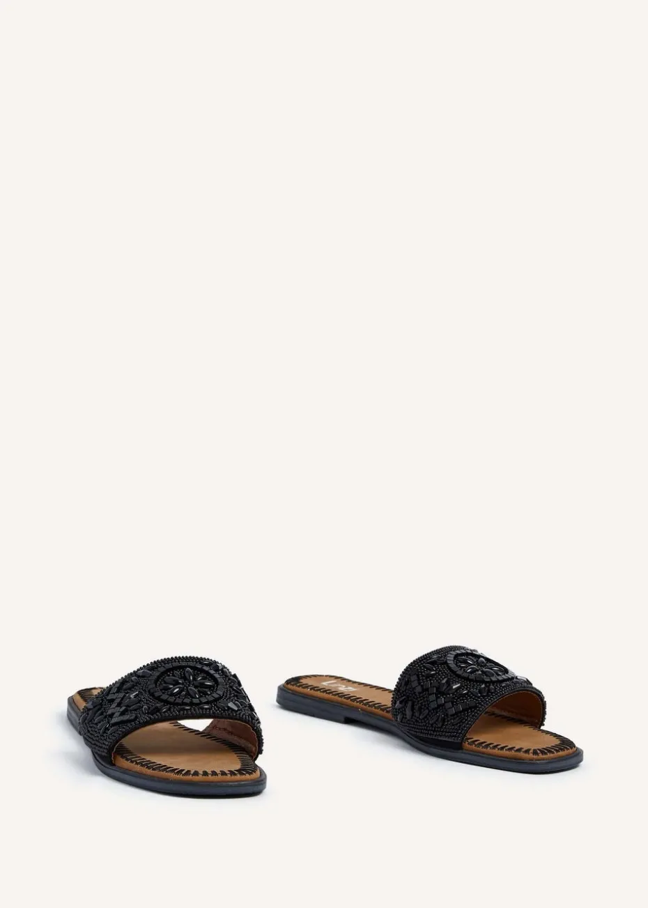 Linzi Aloha Black Beaded Flat Slider Sandal