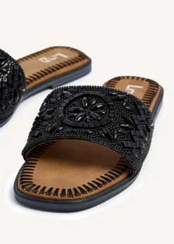 Linzi Aloha Black Beaded Flat Slider Sandal