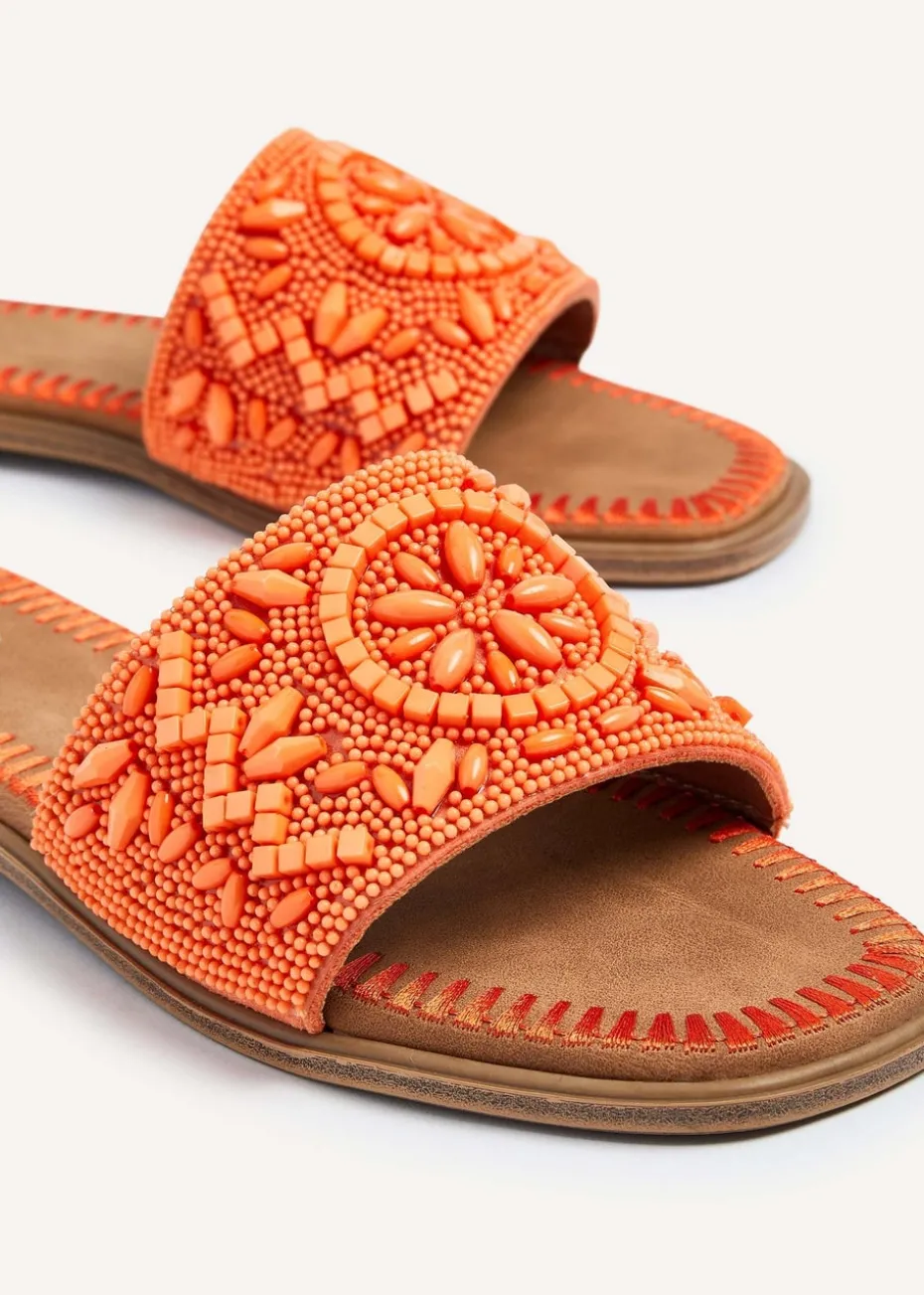 Linzi Aloha Orange Beaded Flat Slider Sandal