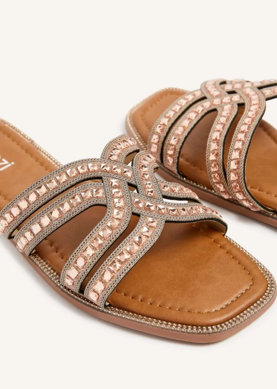 Linzi Alondra Rose Gold Diamante Embellished Flat Slider Sandals