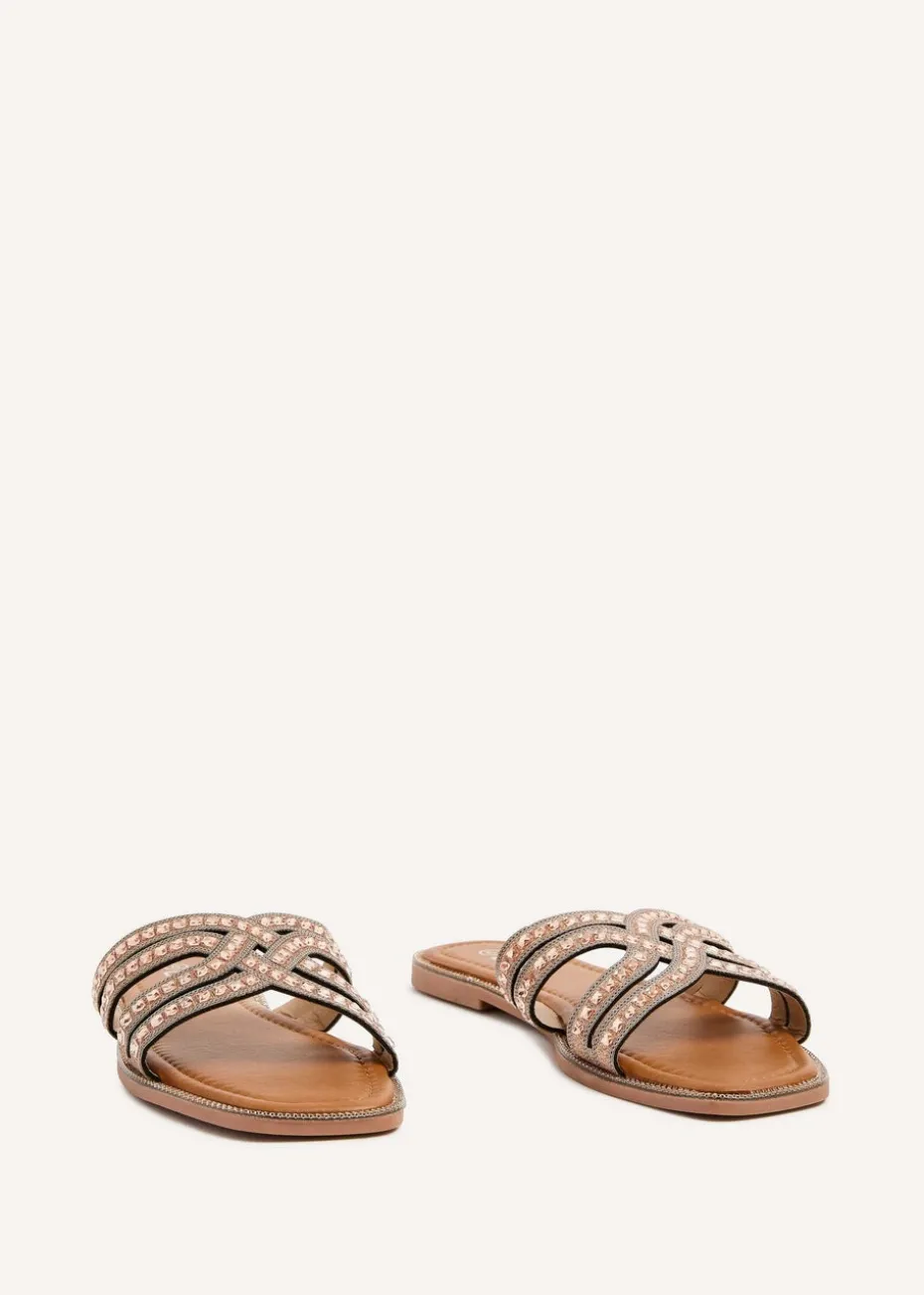 Linzi Alondra Rose Gold Diamante Embellished Flat Slider Sandals