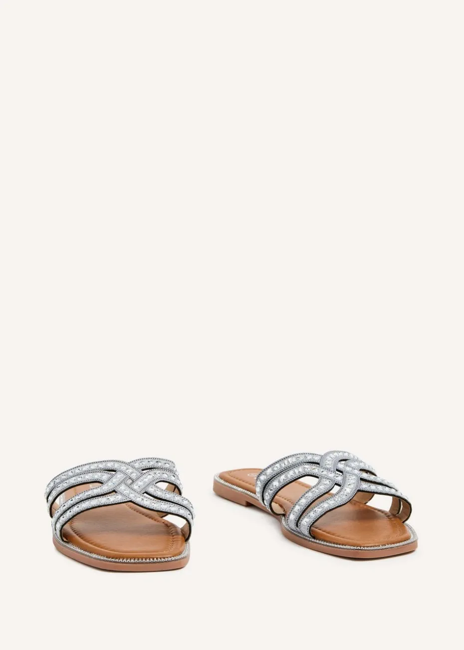 Linzi Alondra Silver Diamante Embellished Flat Slider Sandals