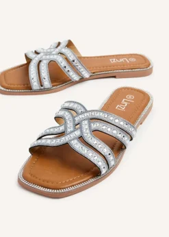 Linzi Alondra Silver Diamante Embellished Flat Slider Sandals