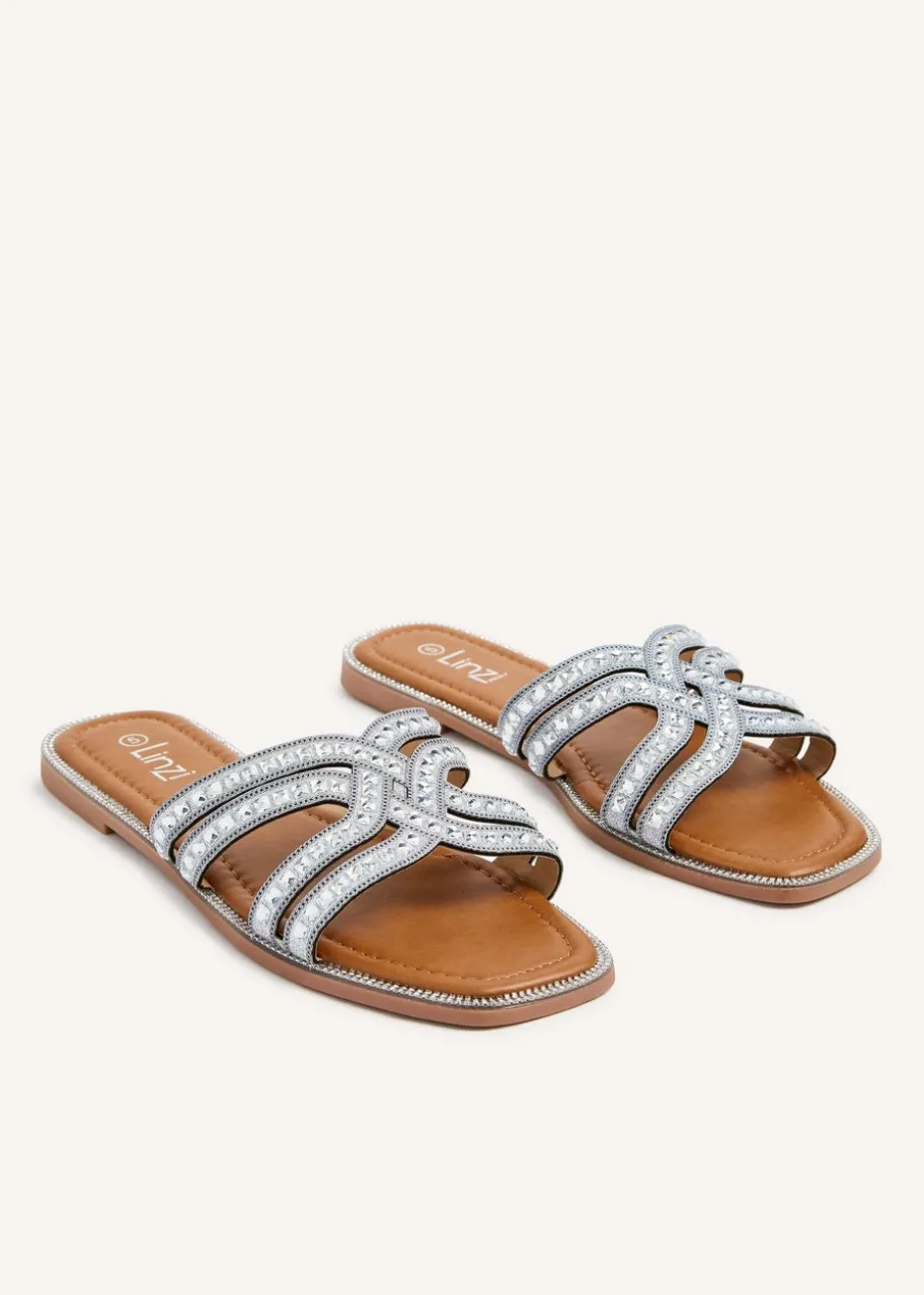 Linzi Alondra Silver Diamante Embellished Flat Slider Sandals