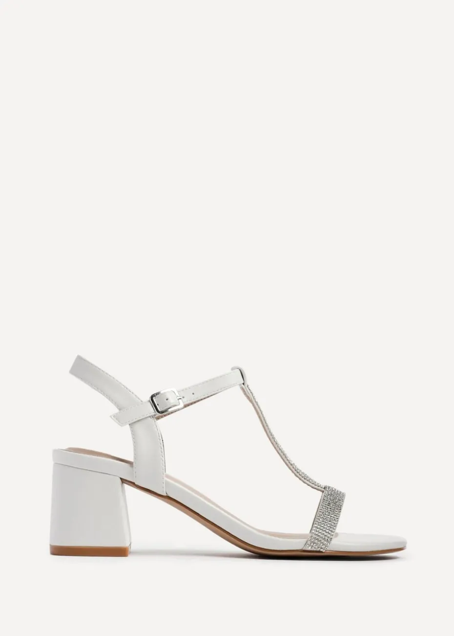 Linzi Amaya White Faux Leather T Bar Diamante Block Heeled Sandal